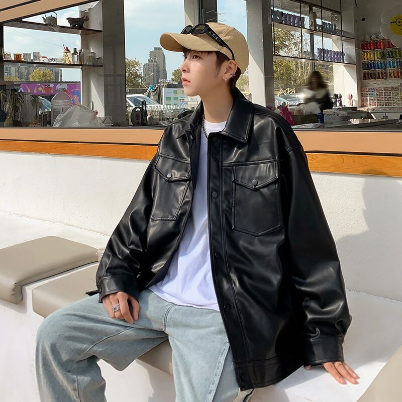 Muške jakne od pu kože, modne spuštene ovratnike, motociklistički kaputi od brušene kože, crna široka jakna od umjetne kože, muška ulična odjeća, muškarac