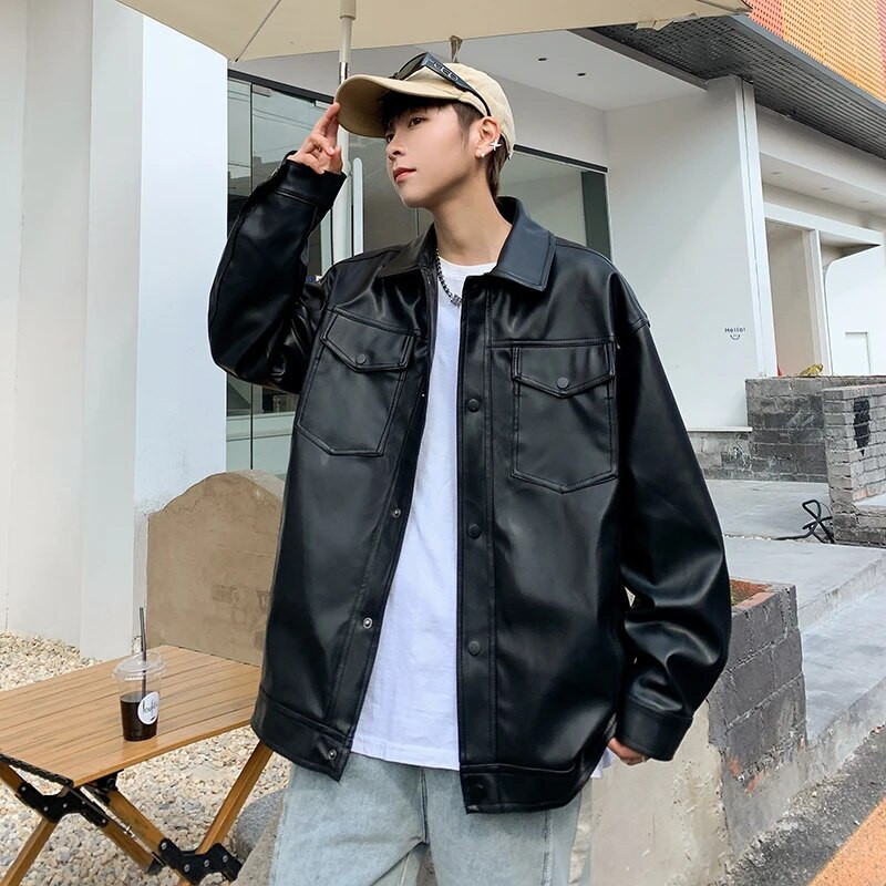 Muške jakne od pu kože, modne spuštene ovratnike, motociklistički kaputi od brušene kože, crna široka jakna od umjetne kože, muška ulična odjeća, muškarac