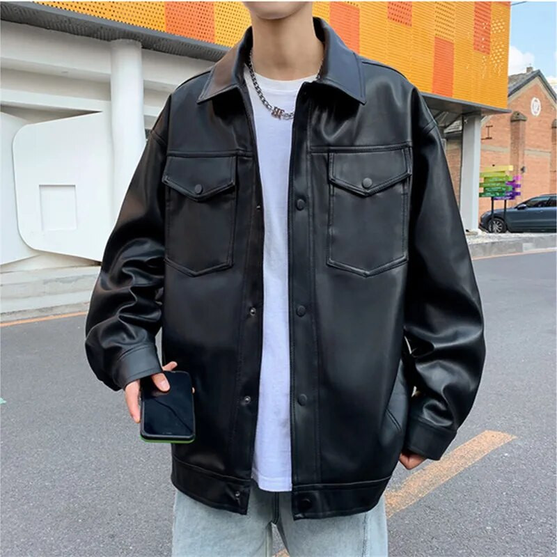 Muške jakne od pu kože, modne spuštene ovratnike, motociklistički kaputi od brušene kože, crna široka jakna od umjetne kože, muška ulična odjeća, muškarac