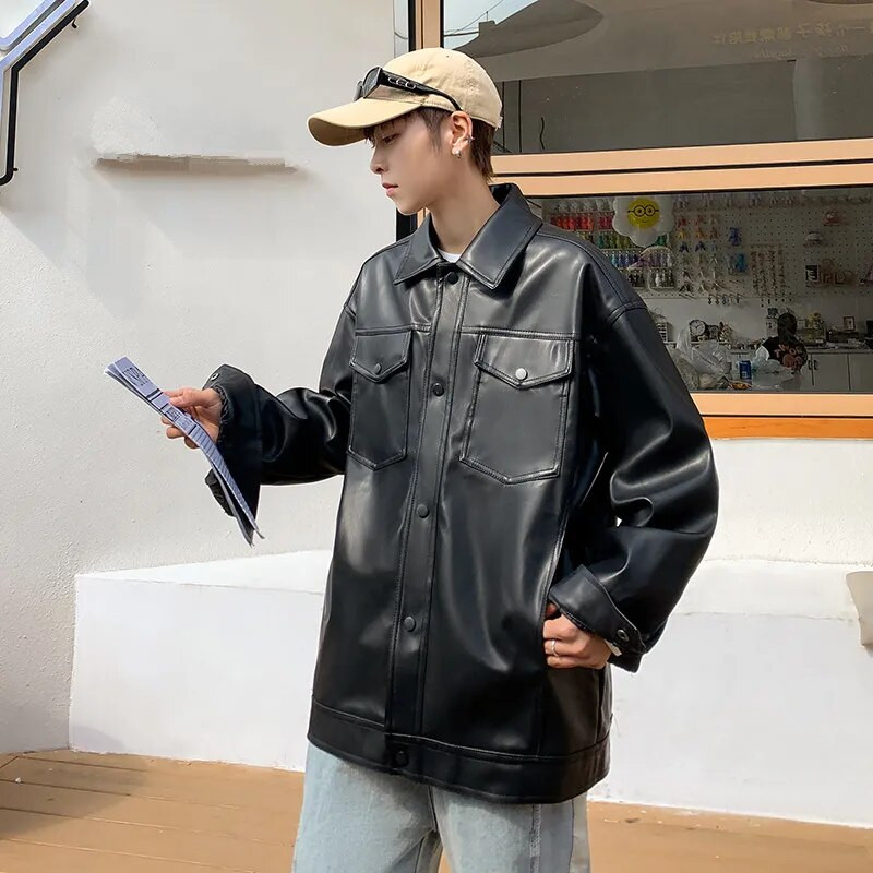 Muške jakne od pu kože, modne spuštene ovratnike, motociklistički kaputi od brušene kože, crna široka jakna od umjetne kože, muška ulična odjeća, muškarac