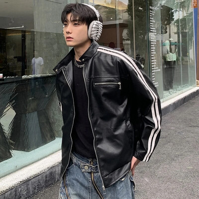Jachetă din piele PU cu dungi IEFB, pentru bărbați, stil american, guler răsturnat, culoare solidă, haină scurtă pentru bărbați, buzunare cu fermoar Nou șic 9C4095