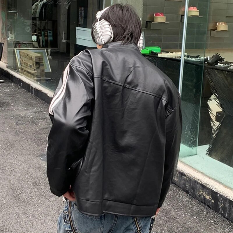 Jachetă din piele PU cu dungi IEFB, pentru bărbați, stil american, guler răsturnat, culoare solidă, haină scurtă pentru bărbați, buzunare cu fermoar Nou șic 9C4095