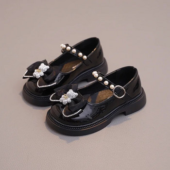 Детски кожени обувки за момиче Гланцови прости училищни универсални обувки Детски нехлъзгащи се дебели подметки Модни обувки с черна мечка Мери Джейн