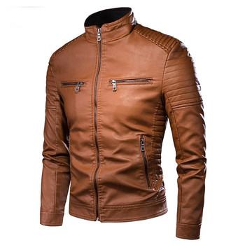 Мъжко пролетно чисто ново каузално ретро кожено яке Палто Мъжко облекло Дизайн Motor Biker Zip Pocket Pu кожено яке Мъжко