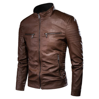 Мъжко пролетно чисто ново каузално ретро кожено яке Палто Мъжко облекло Дизайн Motor Biker Zip Pocket Pu кожено яке Мъжко