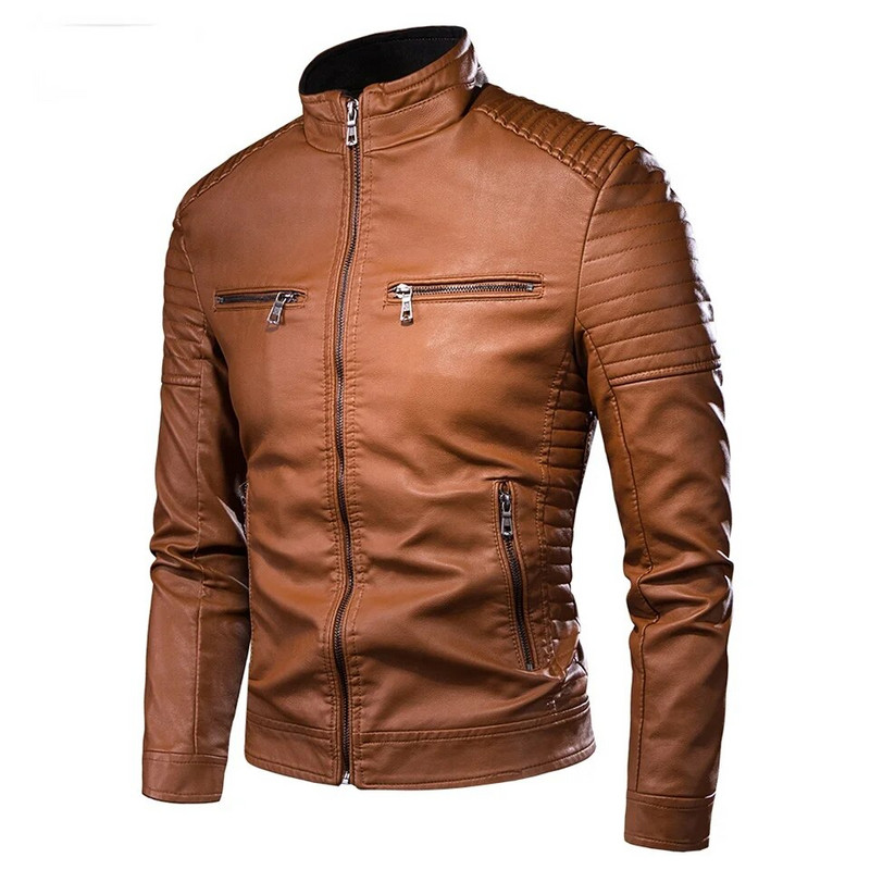 Férfi tavaszi vadonatúj Causal Vintage bőrkabát Férfi Outfit Design Motoros Motoros Zip Pocket Pu Bőrkabát Férfi