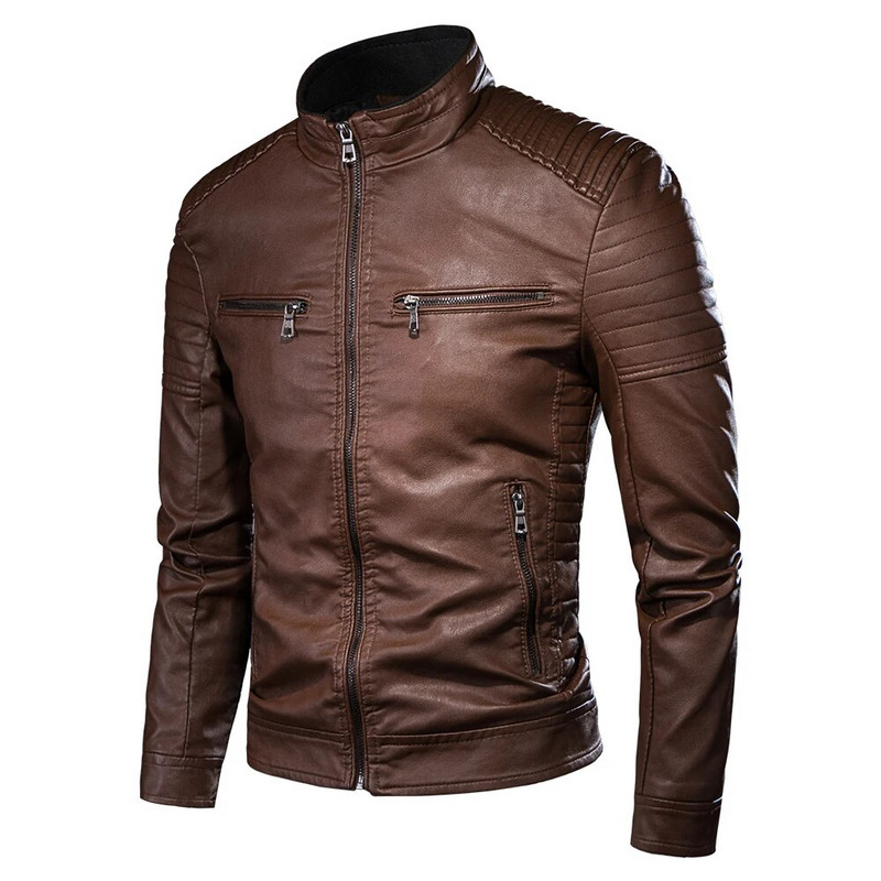 Férfi tavaszi vadonatúj Causal Vintage bőrkabát Férfi Outfit Design Motoros Motoros Zip Pocket Pu Bőrkabát Férfi