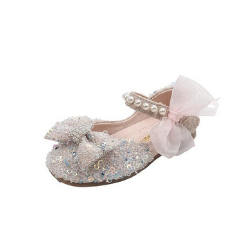 AINYFU Пролетни детски блестящи перлени плоски обувки на принцеса Момичета с дантелен лък Сватбени кожени обувки Детски обувки с меко дъно за танци