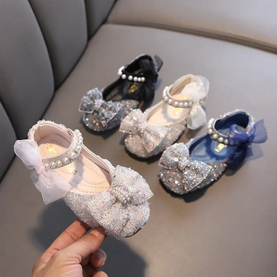 AINYFU Пролетни детски блестящи перлени плоски обувки на принцеса Момичета с дантелен лък Сватбени кожени обувки Детски обувки с меко дъно за танци