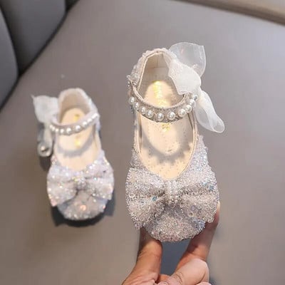 AINYFU Primavara Copii Glitter Pearl Pantofi Plati Printesa Fete Dantela Arc Nunta Pantofi din piele Copii Pantofi de dans cu fundul moale