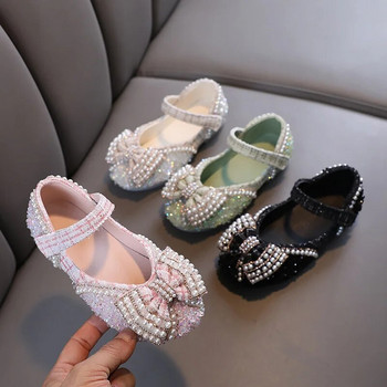 Пролет Есен Нови обувки с равни обувки за момичета Принцеса Модни детски обувки с перли и лък Момичета Парти обувки за танци Студентски детски обувки H960