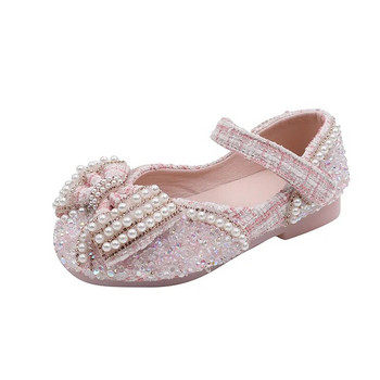 Пролет Есен Нови обувки с равни обувки за момичета Принцеса Модни детски обувки с перли и лък Момичета Парти обувки за танци Студентски детски обувки H960