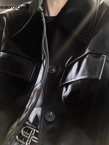Mauroicardi Пролет Есен Cool Short Black Shiny Patent Pu Leather Jacket Shirt Men Singe Breasted Luxury Designer Emo Clothes