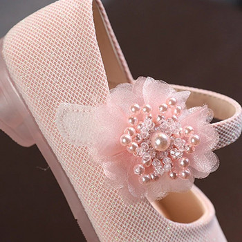 Baywell Детски кожени обувки Pearl Flower Design Bow Princess Girls Party Dance Shoe Baby Girl Flats Детски обувки за представление