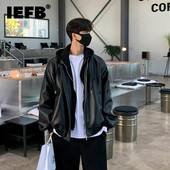 IEFB PU bőr férfi 2023 új, toldásos kapucnis dzseki koreai laza divat, egyszínű alkalmi temperamentum cipzár 9A1507