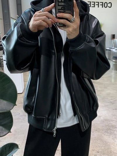IEFB PU bőr férfi 2023 új, toldásos kapucnis dzseki koreai laza divat, egyszínű alkalmi temperamentum cipzár 9A1507