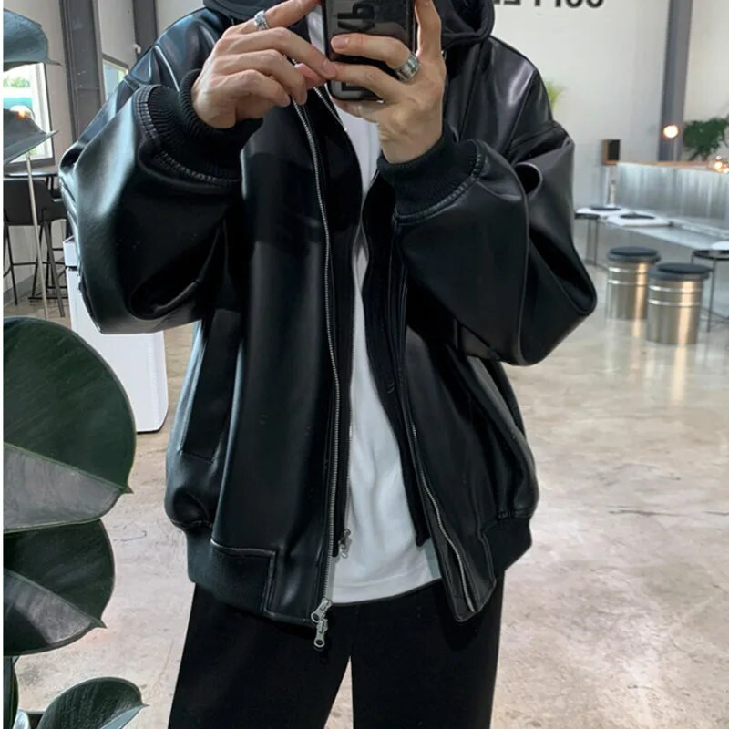 IEFB PU bőr férfi 2023 új, toldásos kapucnis dzseki koreai laza divat, egyszínű alkalmi temperamentum cipzár 9A1507