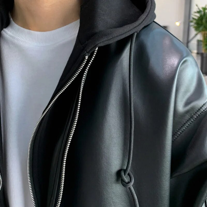 IEFB PU bőr férfi 2023 új, toldásos kapucnis dzseki koreai laza divat, egyszínű alkalmi temperamentum cipzár 9A1507