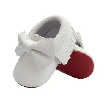 Кожени бебешки обувки с панделка Обувки за новородено момче и момиче Многоцветни обувки за малко дете Червена мека подметка Противохлъзгащи се мокаси за новородени