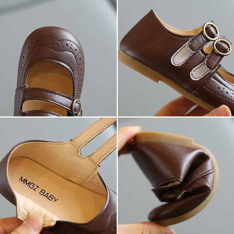 Tavasz nyár Aranyos hercegnős bőrcipők divatos t-kötős Mary Janes lányok iskolai cipők kerek csatos gyerekcipők lányoknak E06071