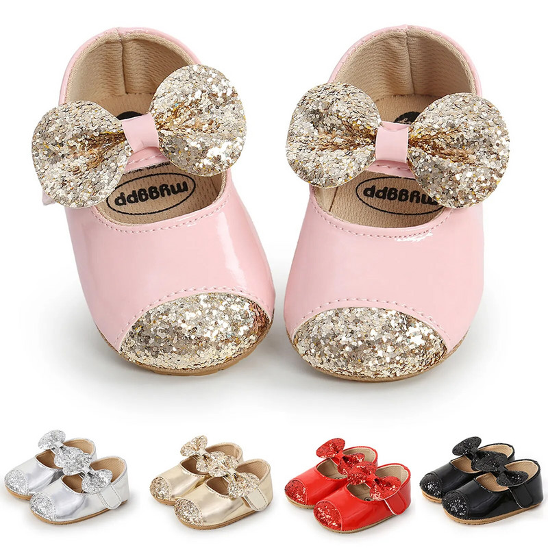 Pantofi de prințesă pentru bebeluși Paiete cu fundiță Pantofi de mers Încălțăminte Prewalker pentru sugari fete 0-18 luni Primii plimbări