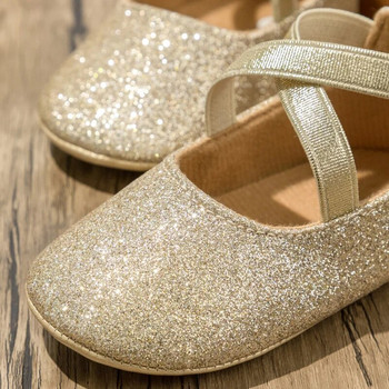 Нови бебешки обувки Обувки за момичета Bling Princess Златни обувки за малко дете Противоплъзгаща се плоска гумена подметка Новородени обувки за първи проходилки Детски обувки