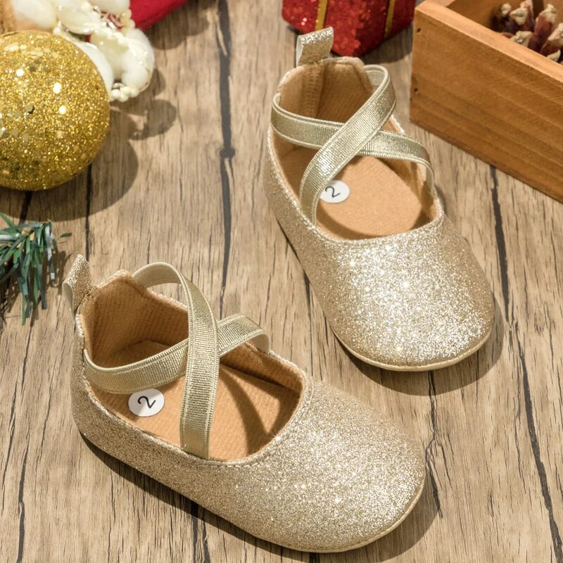 Pantofi noi pentru bebeluși Pantofi pentru fetiță Bling Princess Aur Pantofi pentru copii mici Anti-alunecare Talpă plată din cauciuc Nou-născuți First Walkers Pantofi pentru sugari