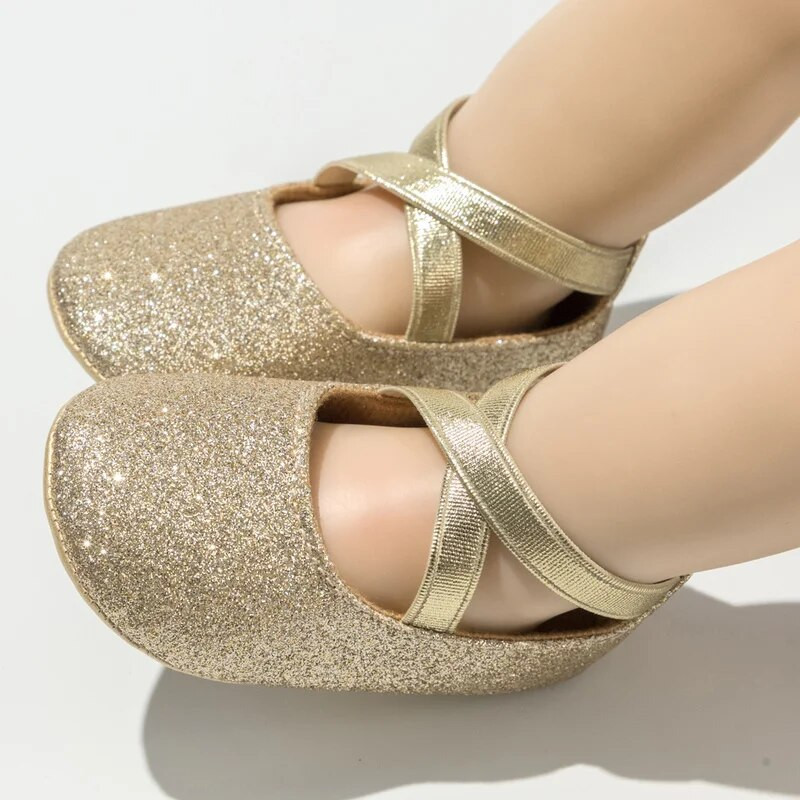 Pantofi noi pentru bebeluși Pantofi pentru fetiță Bling Princess Aur Pantofi pentru copii mici Anti-alunecare Talpă plată din cauciuc Nou-născuți First Walkers Pantofi pentru sugari