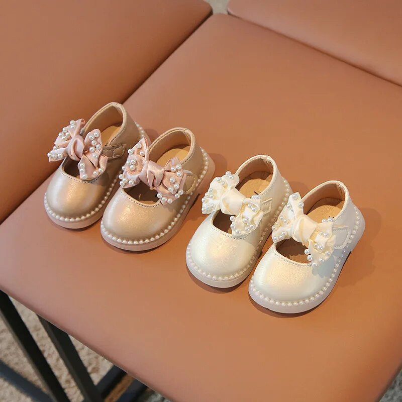 Kožne cipele za djevojčice, dječje slatke biserne mašne, cipele Mary Janes za malu djecu, jednostruke cipele s mekim potplatom, dječje ravne cipele za princezu, ležerne cipele