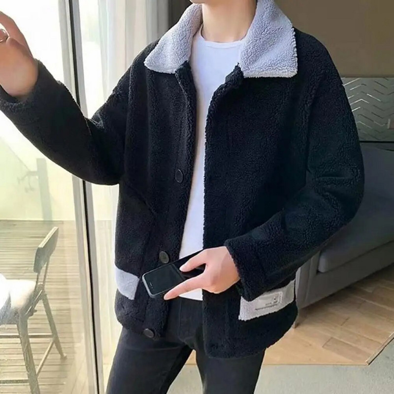 Rudens žiemos vyrų striukė pastorinta pliušinis, apverčiamas apykakle paltas, spalva atitinkantis vieną eilę sagos Kišenės viršutiniai drabužiai