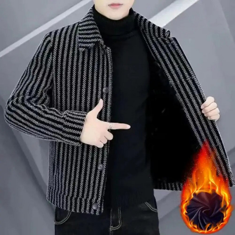 Jachetă din poliester pentru bărbați, îmbrăcăminte exterioară pentru bărbați, cu dungi, cu un singur piept, cardigan pentru bărbați, haină groasă, caldă, lungime mijlocie, afaceri pentru ocazional