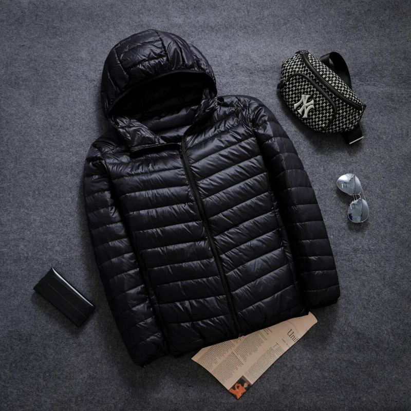 Jachetă împachetabilă pentru bărbați, cu glugă, ușoară, cu puf de rață, albă. Jachetă izolată puf pentru călătorii, drumeții în aer liber, mărime Plus 5XL