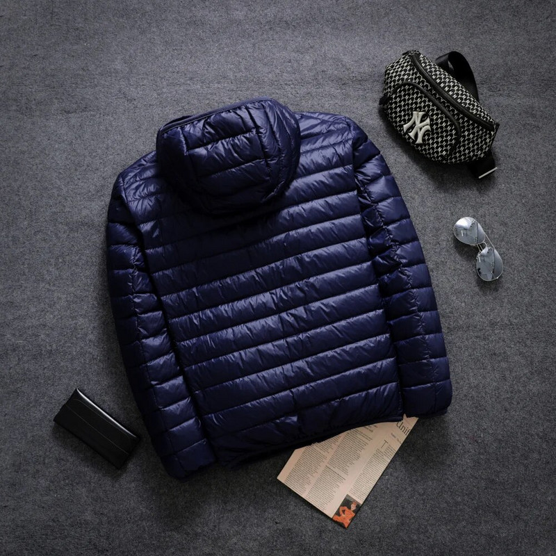 Jachetă împachetabilă pentru bărbați, cu glugă, ușoară, cu puf de rață, albă. Jachetă izolată puf pentru călătorii, drumeții în aer liber, mărime Plus 5XL