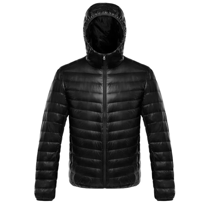 Jachetă împachetabilă pentru bărbați, cu glugă, ușoară, cu puf de rață, albă. Jachetă izolată puf pentru călătorii, drumeții în aer liber, mărime Plus 5XL