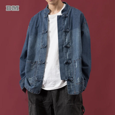 Jachetă de blugi de distress în stil chinezesc pentru bărbați îmbrăcăminte de înaltă calitate, vintage, ocazională, Harajuku Trend Blue Tops pentru bărbați