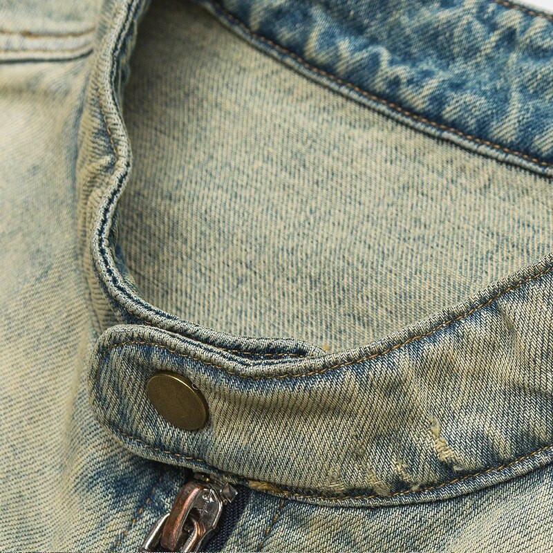 High Street férfi vintage mosott farmer dzseki, szorongatott cipzáros ujjak, nagyméretű utcai ruházat, divatos motoros kabátok