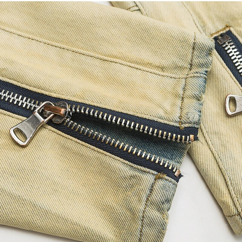 High Street férfi vintage mosott farmer dzseki, szorongatott cipzáros ujjak, nagyméretű utcai ruházat, divatos motoros kabátok