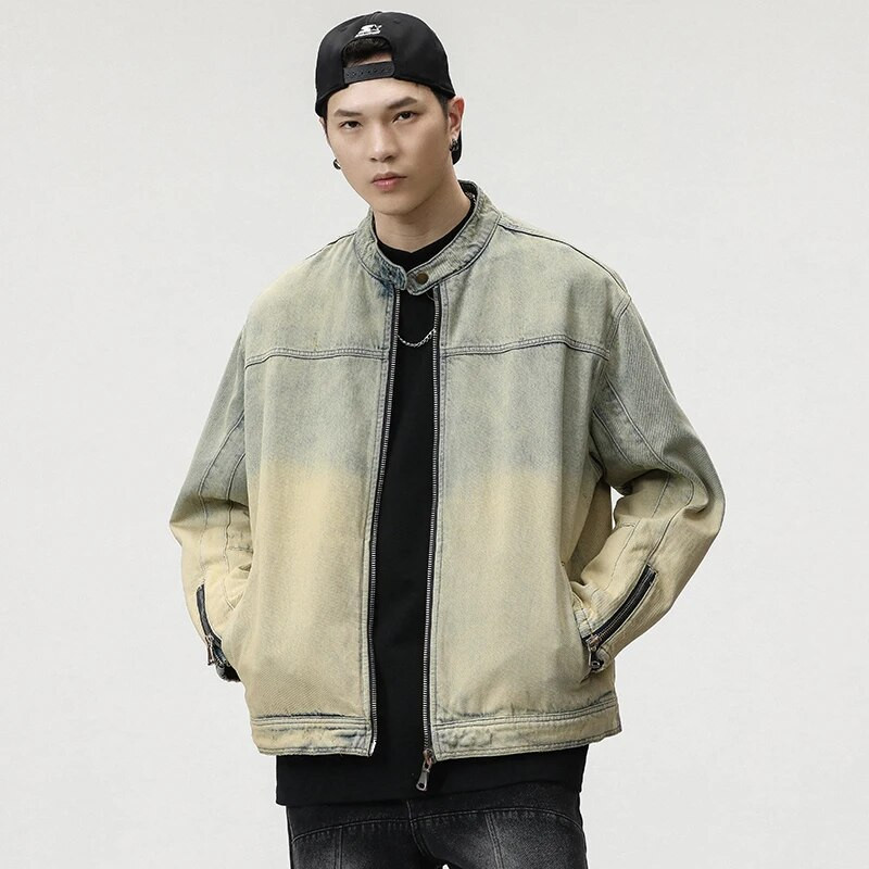 High Street férfi vintage mosott farmer dzseki, szorongatott cipzáros ujjak, nagyméretű utcai ruházat, divatos motoros kabátok