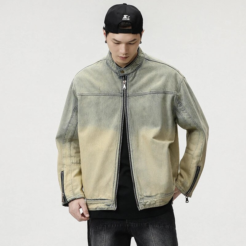 High Street férfi vintage mosott farmer dzseki, szorongatott cipzáros ujjak, nagyméretű utcai ruházat, divatos motoros kabátok
