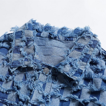 Мъжко дънково яке с ресни Streetwear Карирано палто с щампа Модерно модно свободно синьо памучно горно облекло