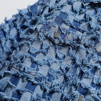 Ανδρικό τζιν μπουφάν με κρόσια Streetwear Check print Καρό παλτό Μοντέρνα μόδα Φαρδιά μπλε βαμβακερά εξωτερικά ενδύματα