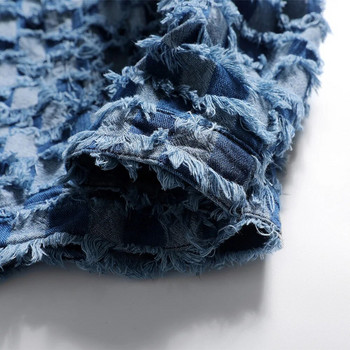 Ανδρικό τζιν μπουφάν με κρόσια Streetwear Check print Καρό παλτό Μοντέρνα μόδα Φαρδιά μπλε βαμβακερά εξωτερικά ενδύματα