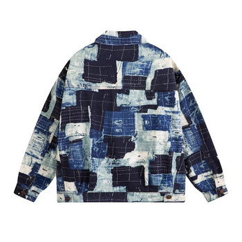 Ανδρικό μπουφάν τζιν με στάμπα με φαρδιά μπαλώματα παλτό Streetwear casual top outerwear