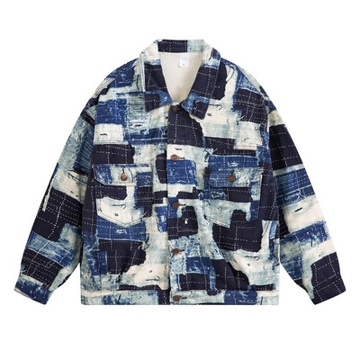 Ανδρικό μπουφάν τζιν με στάμπα με φαρδιά μπαλώματα παλτό Streetwear casual top outerwear