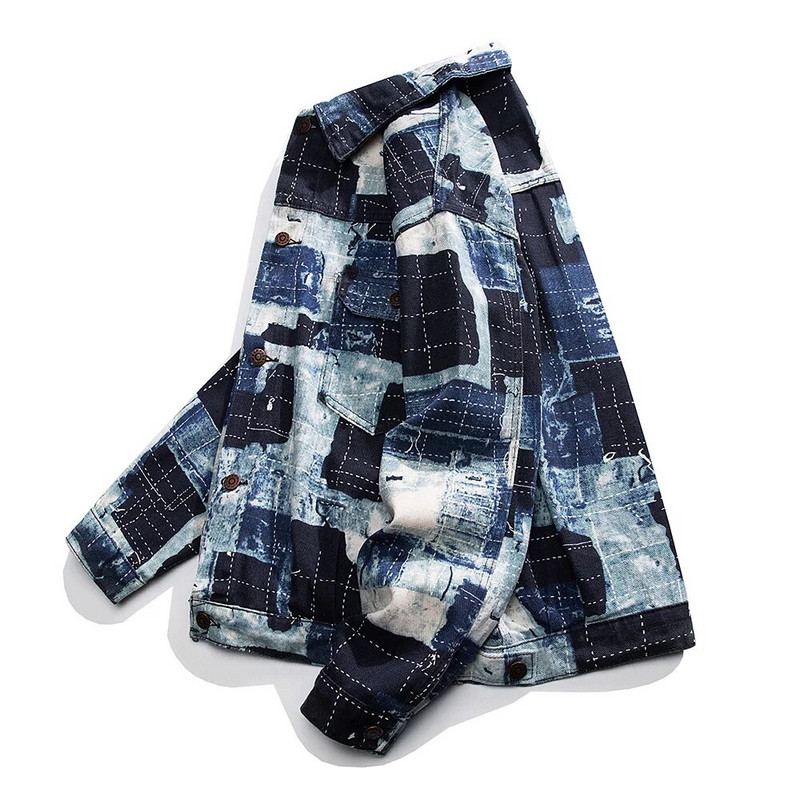 Ανδρικό μπουφάν τζιν με στάμπα με φαρδιά μπαλώματα παλτό Streetwear casual top outerwear