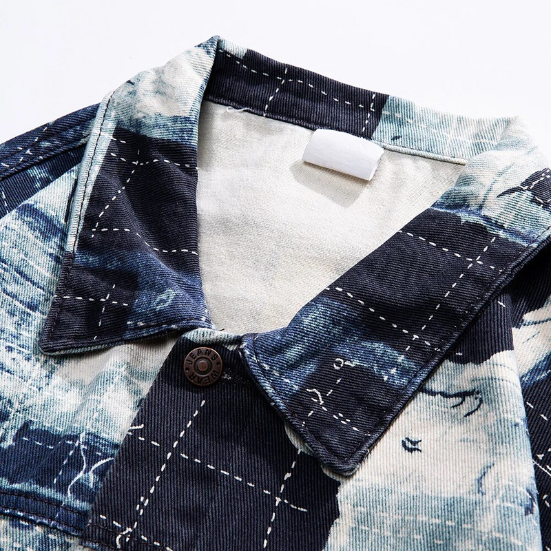 Ανδρικό μπουφάν τζιν με στάμπα με φαρδιά μπαλώματα παλτό Streetwear casual top outerwear