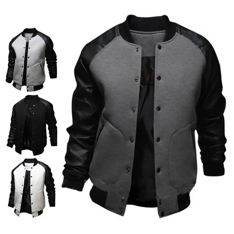 Moderna bejzbol jakna, meki samostojeći ovratnik, umjetna koža, prošiveni patchwork, ležerna bejzbol jakna, jesenski kaput