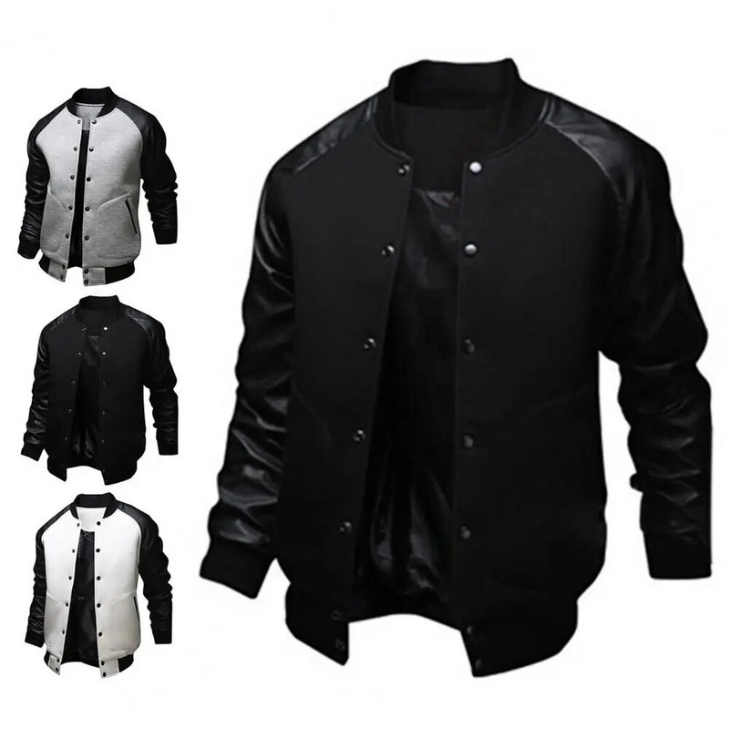 Moderna bejzbol jakna, meki samostojeći ovratnik, umjetna koža, prošiveni patchwork, ležerna bejzbol jakna, jesenski kaput