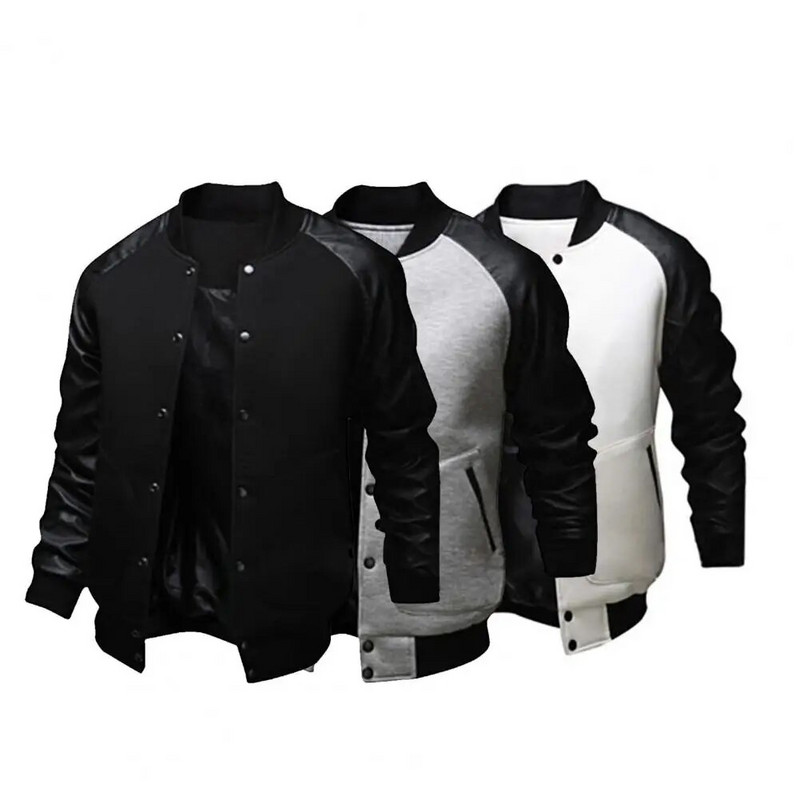 Moderna bejzbol jakna, meki samostojeći ovratnik, umjetna koža, prošiveni patchwork, ležerna bejzbol jakna, jesenski kaput
