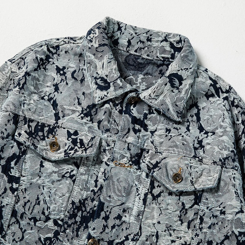 Muška poderana traper jakna s cvjetnim jacquard tkanjem i vezom Široka gornja odjeća dugih rukava